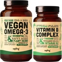 Vegan Omega 3 180 Softgels & Vegan Vitamin B Complex Bundle - Acidi grassi DHA & EPA a base vegetale, Vitamine B essenziali con tutta la miscela alimentare, B1, B2, B3, B5, B6, B7, Folate