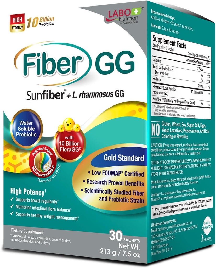 LABO Nutrition FiberGG, Lactobacillus Rhamnosus GG 10 miliardi di CFU Probiotici attivi e 7g Sunfiber Prebiotici Supplemento fibra, Supporto Sano Intestinale, Salute Immune, Gluten Free, 30 Sachets
