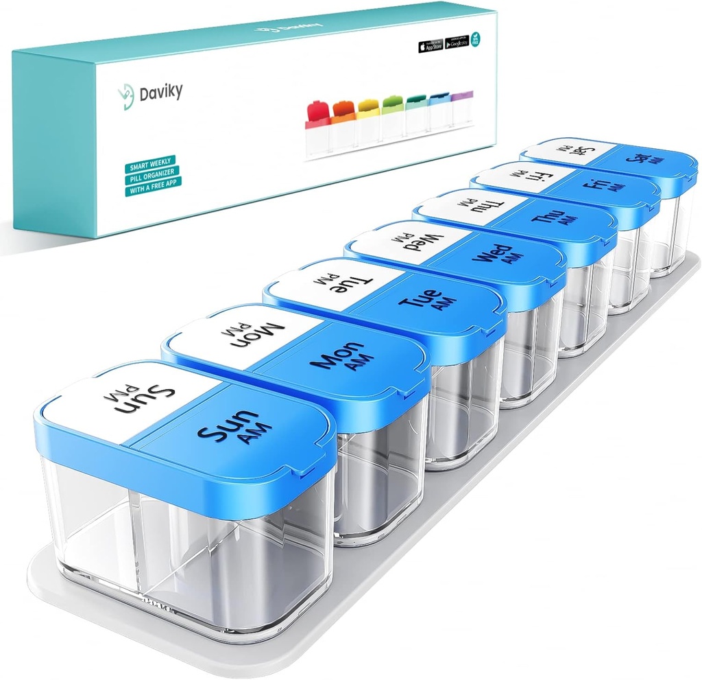 Daviky Large Pill Organizer 2 volte al giorno - XL Pill Box 7 giorno, Big Vitamin Holder con 7 scomparti staccabili AM/PM, Big Supplement Container per uso settimanale o giornaliero (blu)