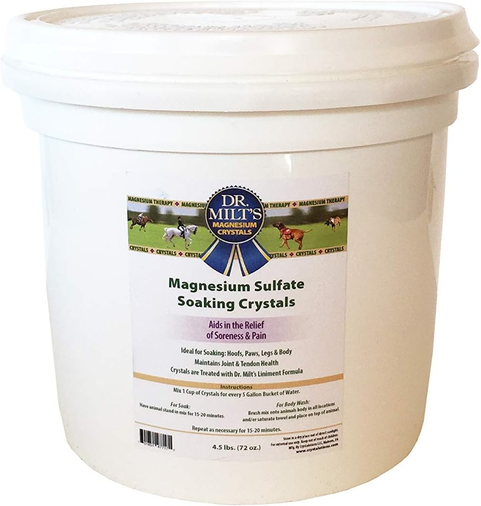 Dr. Milt's Horse Epsom Salt Magnesium Sulfate Crystals Infuso con Arnica: zoccolo e corpo ammollo per sollievo e recupero. 1-4.5lbs Bucket