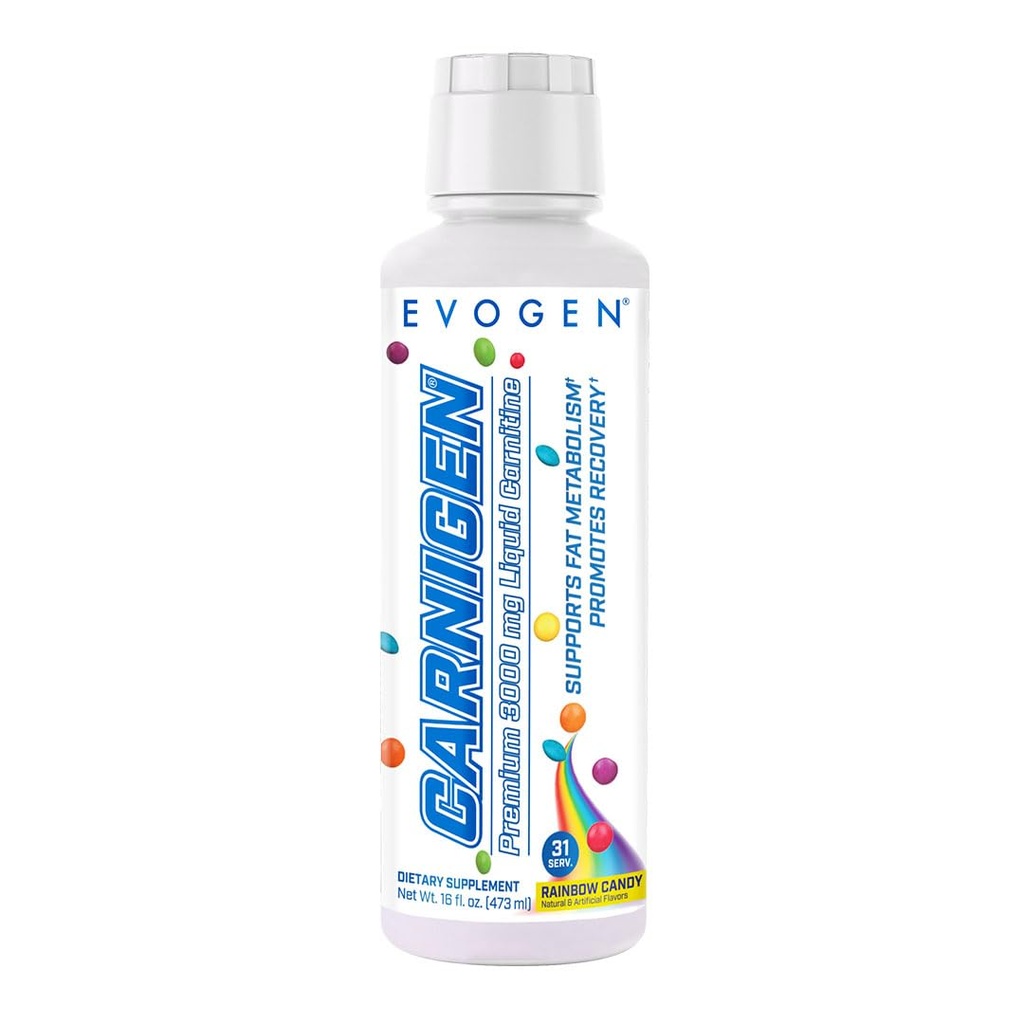 Evogen Carnigen Premium L Carnitina Liquido – L Carnitina 3000 Supplemento | L Carnitina Supplemento per Metabolismo Grasso & Recupero | Acetil L-Carnitina | Caffeina Free | Rainbow Candy | 31 Serve