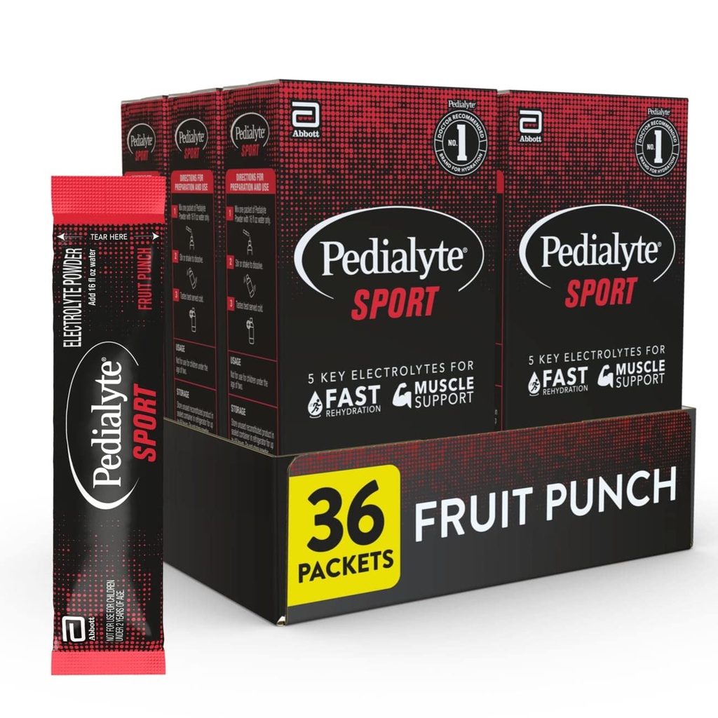 Pedialyte Sport Electrolyte Powder, Idratazione veloce con 5 elettroliti chiave per il supporto muscolare prima, durante, & dopo l'esercizio, Fruit Punch, 0.49 Oz Sachets 6 Count (Pack of 6)