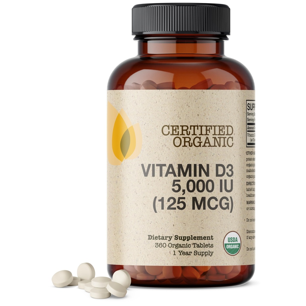 Futurebiotici Vitamina D3 5000 IU (125 MCG), USDA Certified Organic Vitamin D Supplemento, 360 compresse