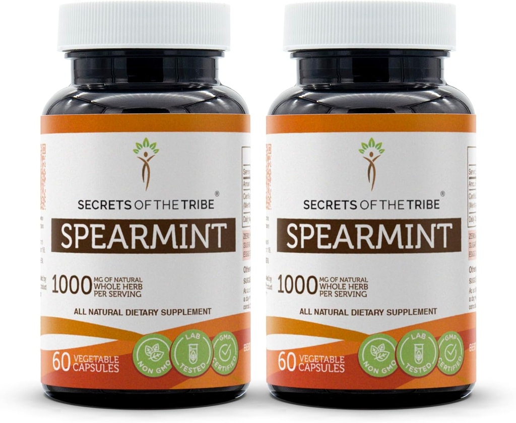 Segreti della Tribe Spearmint capsule 1000 mg Spearmint (Mentha spicata) Dried Leaf, Women's Hormone Support Supplement (2x60 capsule)