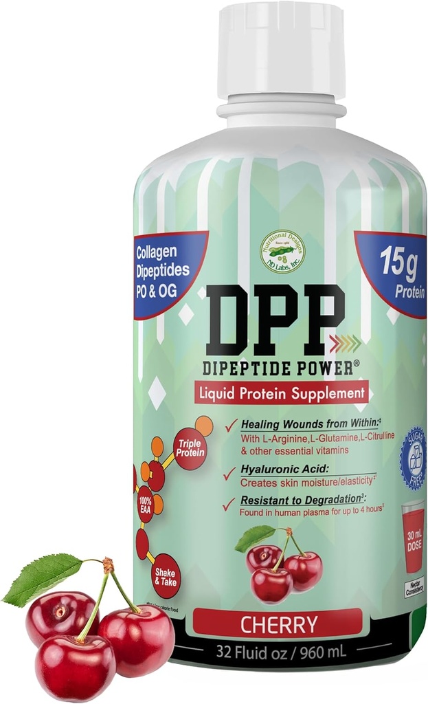 DPP Dipeptide Power, Guarigione, 30X Più Dipeptide di collagene che polvere, Supplemento di proteine liquide, Senza zucchero, Supporta la riparazione di tessuto sano, Ulcera del piede, Chirurgia cosmetica (Cherry, 32 Fl Oz)