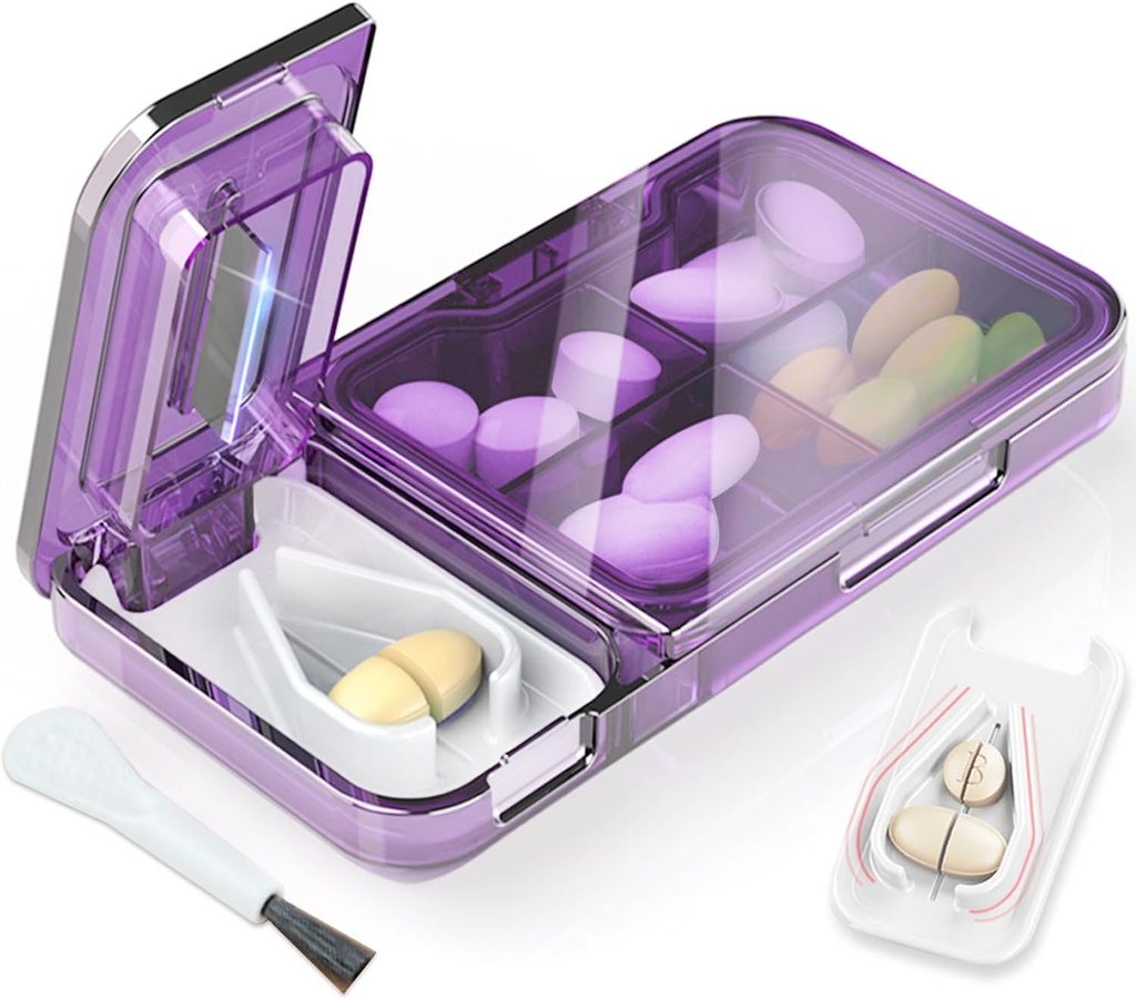 Pill Cutter Splitter per piccole o piccole pillole. 2-in-1 Travel Pill Box & Pill Splitter - Large Capacity 4 Compartments Pill Organizer - Detachable Nonslip V-Shaped Pad. Wrap-Around Blade Guard (Purple)