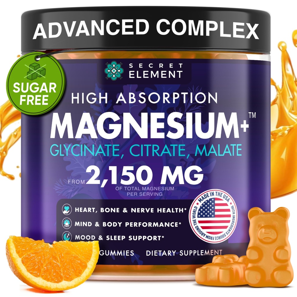 Magnesio Glycinate 2150MG Gummies per donne e uomini, Magnesio ad alto assorbimento Glycinate, Citrato, Malate Gummies per adulti e bambini, Supporto per il sonno, Sugar Free, Vegan, 60 Chews, Arancione