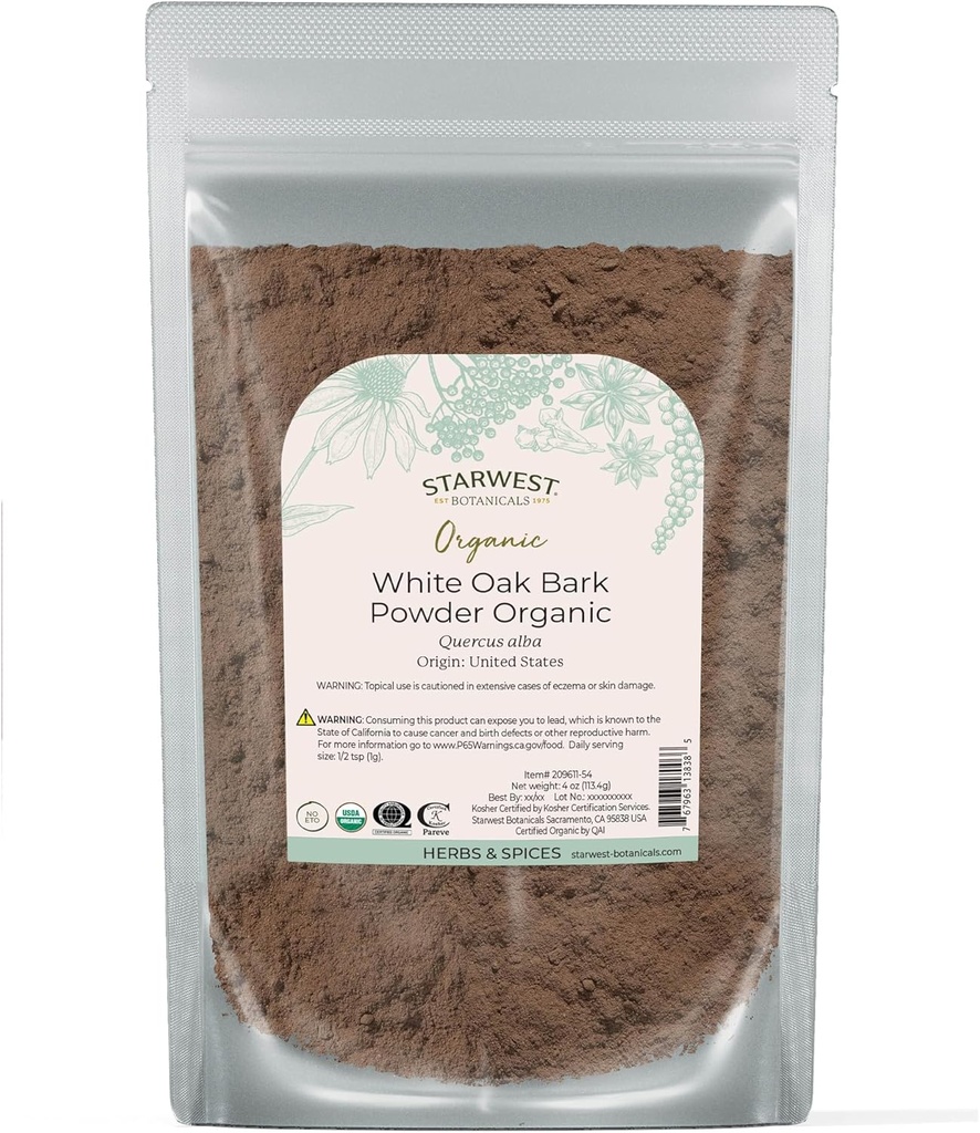 Polvere di corteccia di quercia bianca degli botanici di Starwest Organic - erba secca per miscele di erbe naturali, puro Quercus Alba, Kosher certificato, non OGM - 4 once Pouch