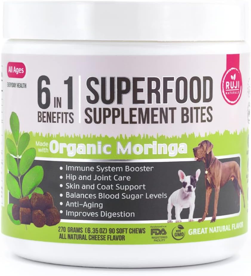 6 in 1 Superfood Dog Supplemento con Moringa Organica | Trattamenti per sistema immunitario e salute generale | Animali Tutti Naturali Multivitaminici - 90 Chews