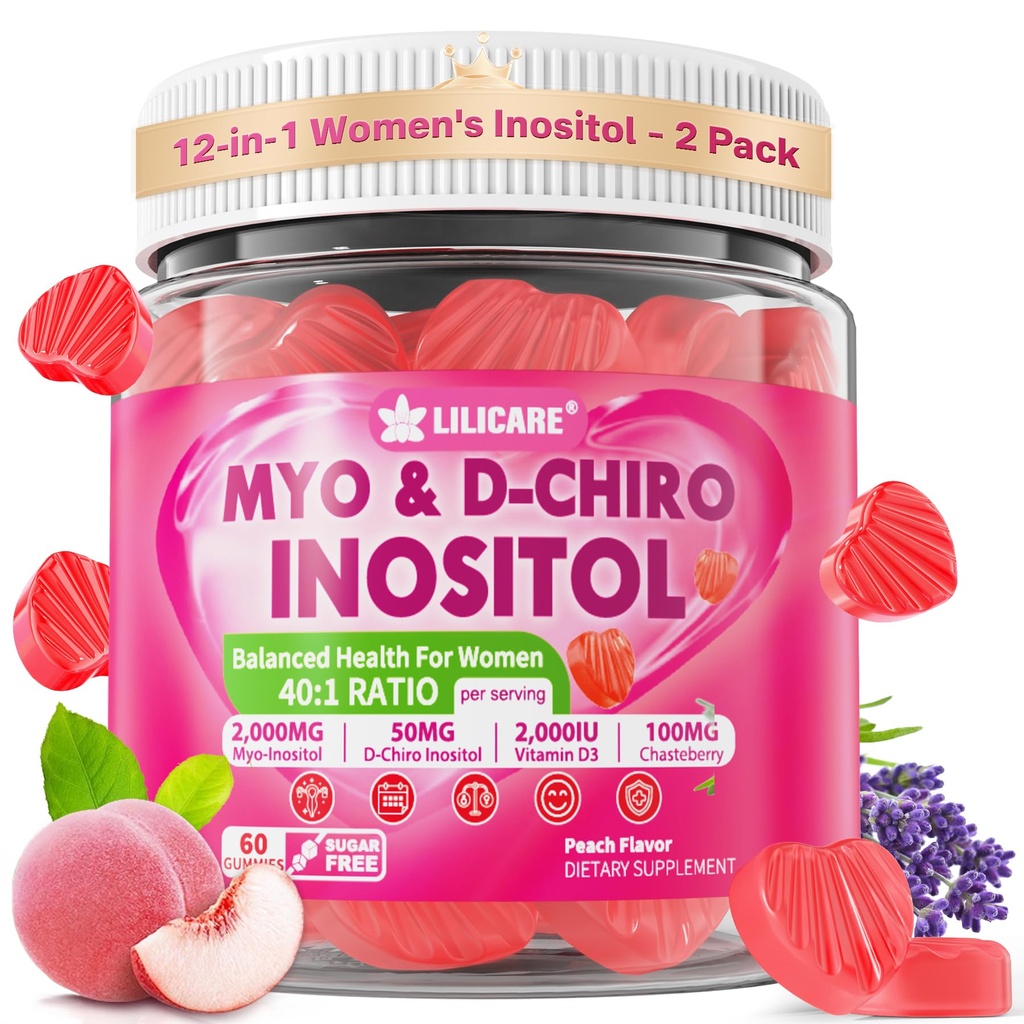 Gummie inositolo per le donne + Chasteberry, Myo-Inositol & D-Chiro Inositol 2000mg + 50mg Ideale 40:1 Ratio con B12 & Folate metilato, colina, magnesio, vitamina D3 per la salute generale, confezione da 2