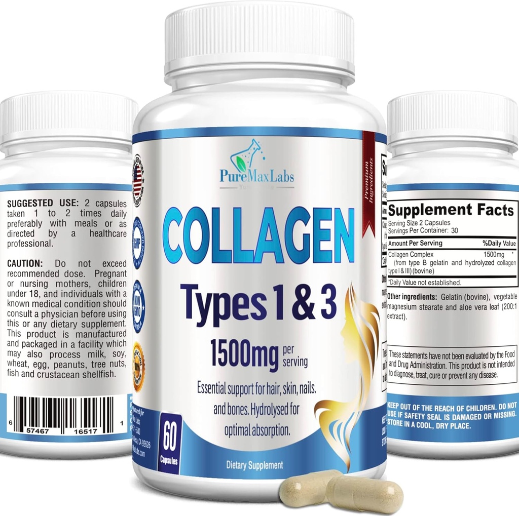 Tipi di collagene I & III - Pillole di collagene, Supporta capelli sani, pelle, unghie, giunti - Integratore di collagene idrolizzato, 60 capsule
