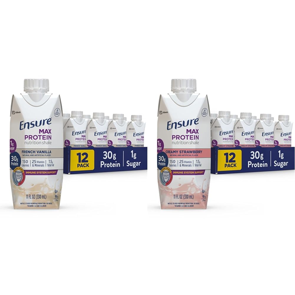 Assicurare Max Protein Nutrition Shake con 30g di Proteine & Max Protein Nutrition Shake con 30g di Proteine, 1g di Zucchero, High Protein Shake, Crema di Fragola, 11 fl oz, (Pack of 12)