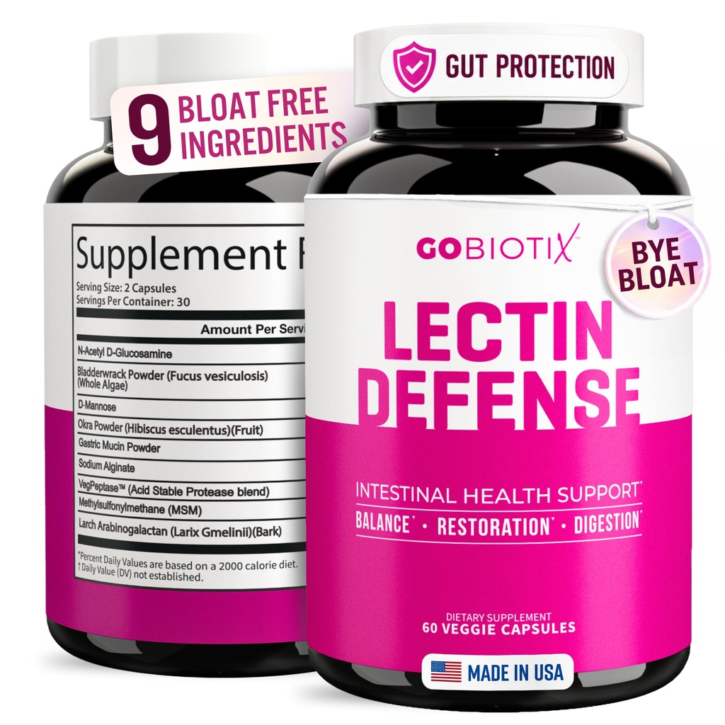 GOBIOTIX Lectin Defense - Integratore di Blocco Lectin per Gut Leaky con MSM e Enzimi Digestivi - Aids in Intestinal Health for Women and Men - Non-GMO + Gluten Free - 60 Capsules (1)