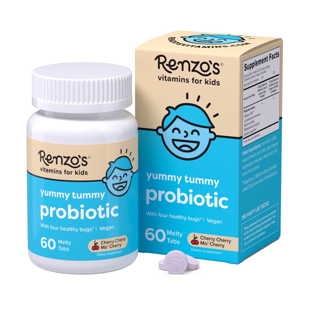 Probiotici per bambini di Renzo, Probiotici dissolvibili per la salute digestiva e il supporto immunitario, 60 Tab di Melty aromatizzate alle ciliegie