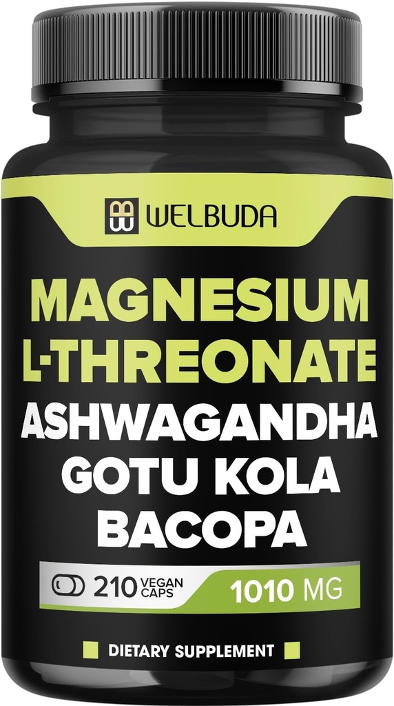 Magnesio L-Threonate Capsules 1010mg - 210 Capsule - Blended with Ashwagandha Root, Gotu Kola Leaf & More