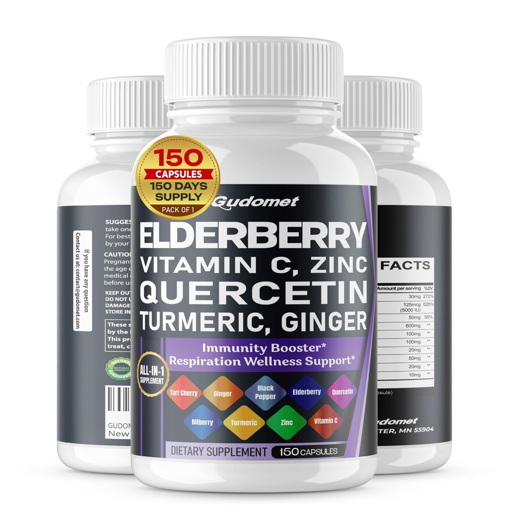 Elderberry Quercetin Bilberry Turmeric Tart Cherry Ginger Vitamina C Vitamina D3 Zinc Black Pepper -150 Capsules- Made in Italy