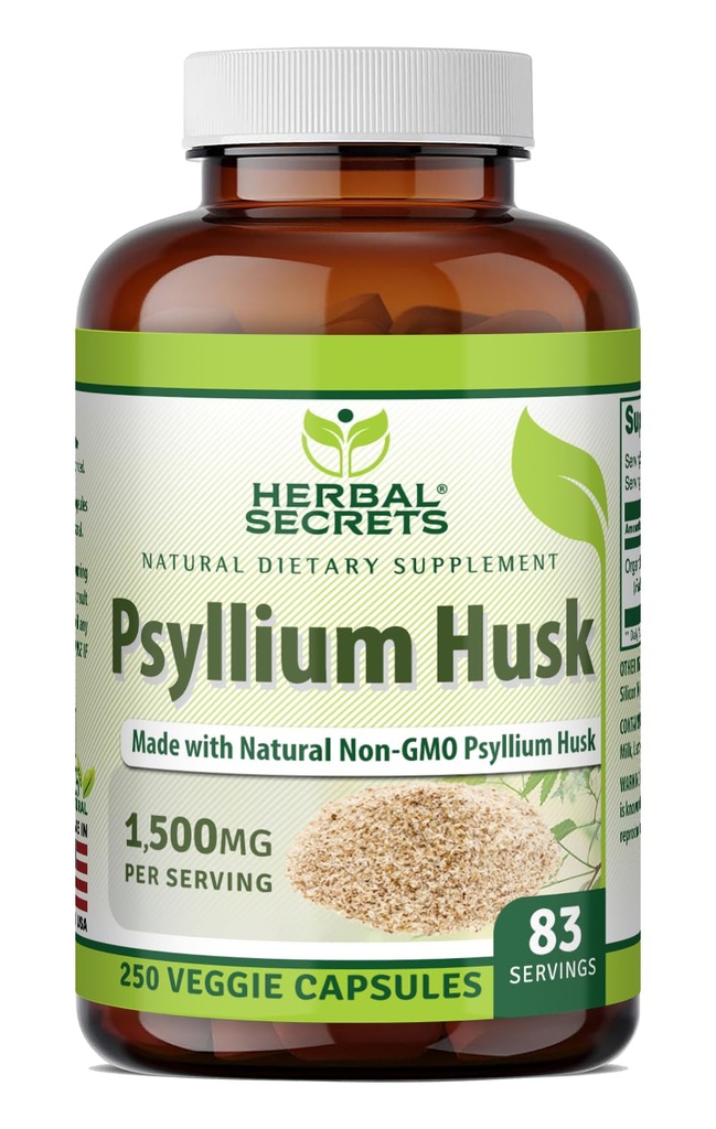 Herbal Secrets Psyllium Husk Supplemento | 500 Mg | 250 Veggie Capsule | Non-GMO | Gluten Free | Made in USA