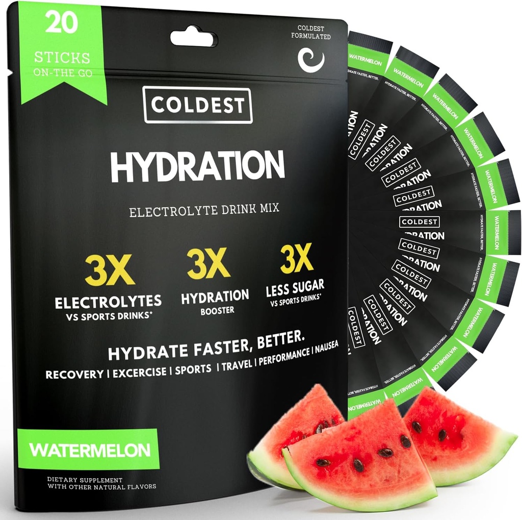 Idratazione più fredda - Electrolytes Powder Packets - Non OGM & No Zucchero artificiale - Miscela di bevanda elettrolita - Facile Open Single-Serving Stick Drop in acqua - 20 Stick per confezione (Watermelon)