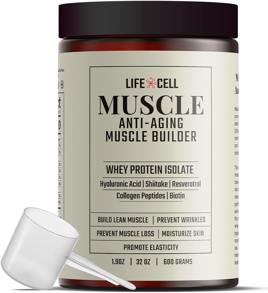 LifeCell Whey Protein – Costruttore di muscoli anti-invecchiamento con funghi Shiitake, collagene e acido ialuronico – non aromatizzato, senza zucchero aggiunto, senza soia, senza glutine, 600g (18 Servings)