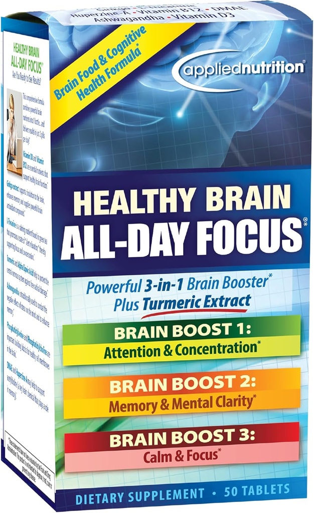 Nutrizione applicata sana cervello tutto il giorno messa a fuoco - 50 compresse - Potente 3-in-1 cervello Booster con estratto di curcuma - 25 porzioni