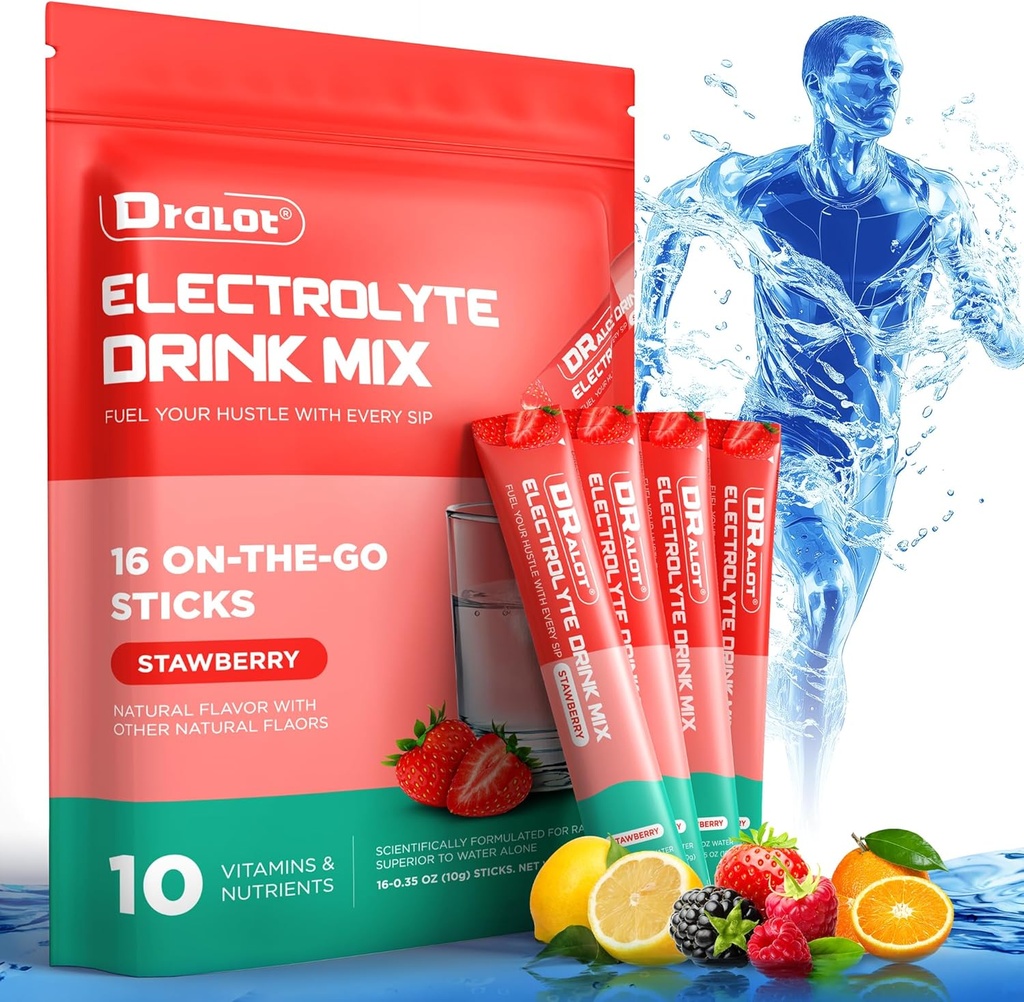Polvere di elettroliti senza zucchero con aromi naturali, 3X pacchetti di idratazione rapida con 10 elettroliti e vitamine, liquido giornaliero IV, non OGM, senza glutine, Keto, Vegan, 16 Stick, fragola