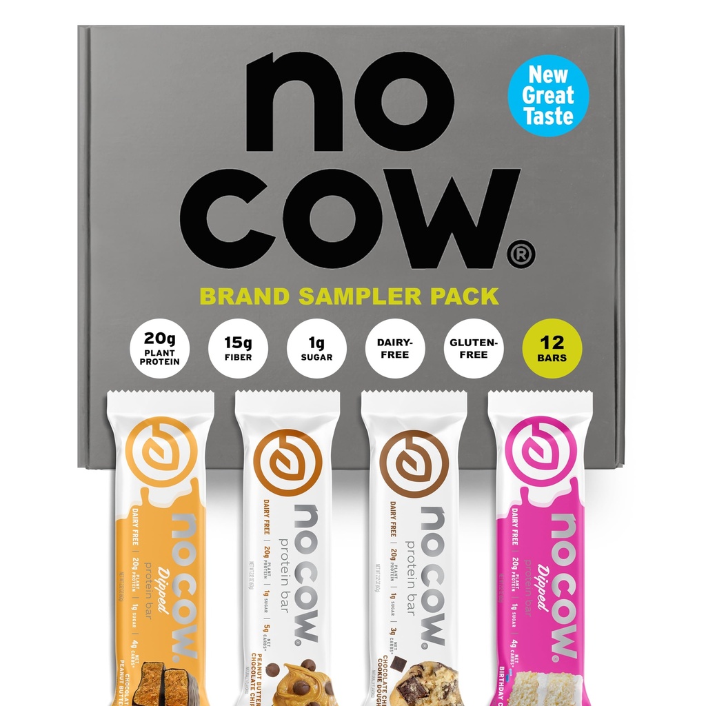 No Cow Vegan Protein Bars, Upgraded Brand Sampler Pack | 20g Plant Based Protein, Gluten Free, Dairy Free, Soy Free, Keto Friendly, Low Sugar, High Fiber Snack Bars | Confezione di 12