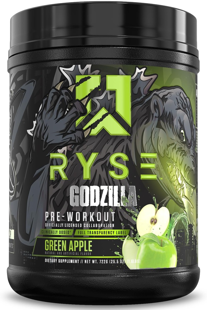 RYSE Godzilla X Noel Deyzel Pre Workout Powder - Mela verde - 400mg Caffeina, Pre-allenamento ad alto livello per uomini e donne con Citrulline & Beta Alanine - Energy, Pump & Focus - 20/40 Servings