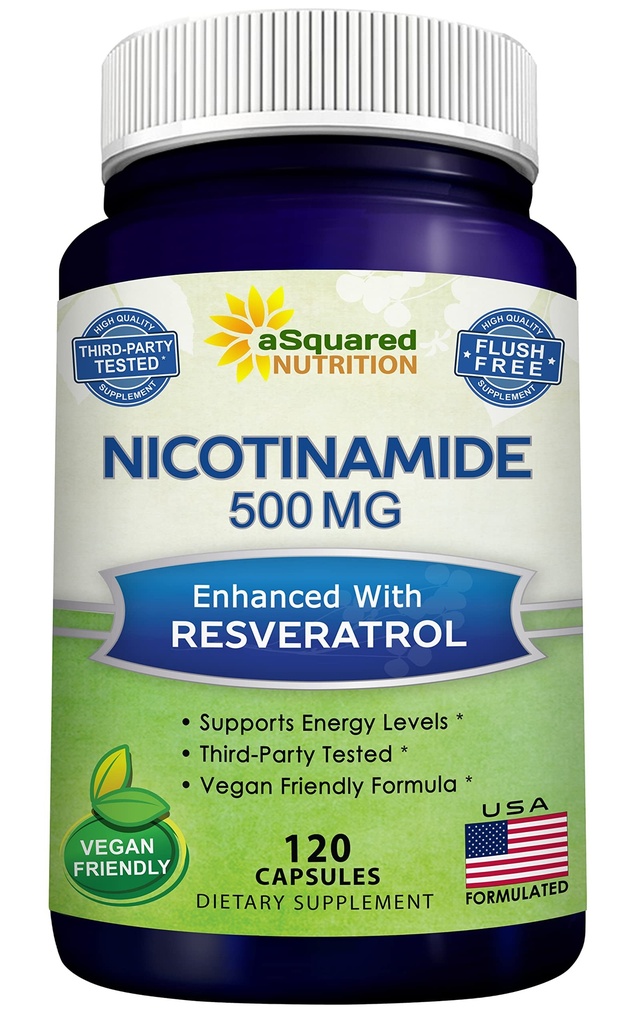 aSquared Nutrition Nicotinamide con Resveratrolo - 120 capsule vegetali - Vitamina B3 500mg (Niacinamide Flush Free) - Supplemento pillole per sostenere NAD, Skin Cell Health & Energy
