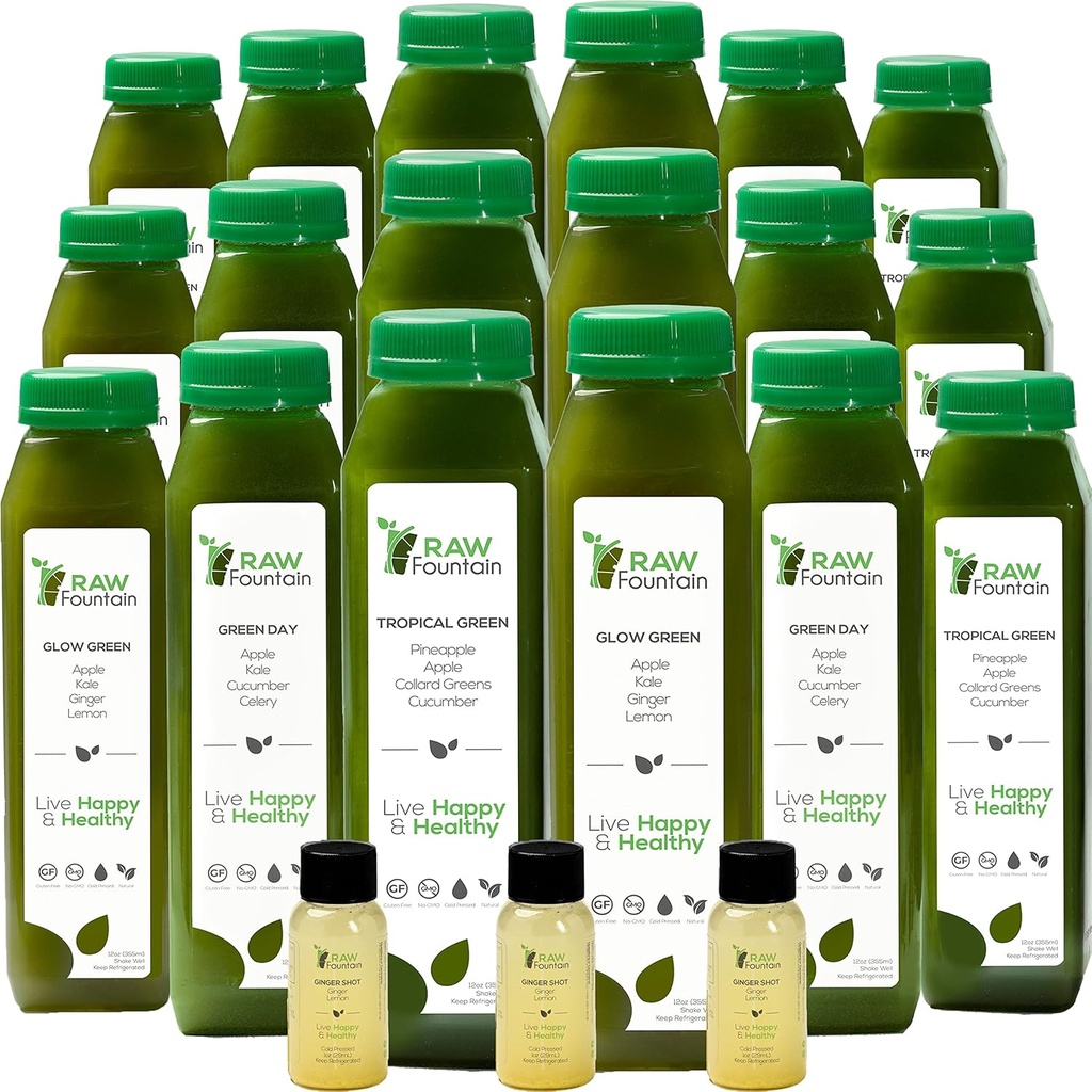 Pulire il succo verde di 5 giorni dalla fontana cruda, tutto naturale crudo, Vegan Detox, succo pressato a freddo, 30 bottiglie 12oz, 3 Ginger Shots