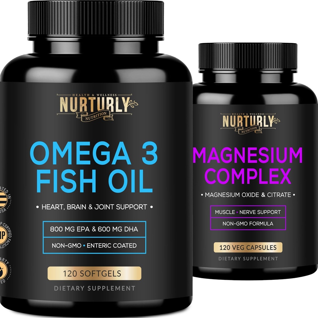 Magnesio Complesso e Omega 3 Fish Oil - Citrato di magnesio 500MG – Olio di pesce 2000mg, 800mg EPA e 600mg DHA - Rilassamento muscolare, sonno ed energia, Salute di ossa, cervello e cuore