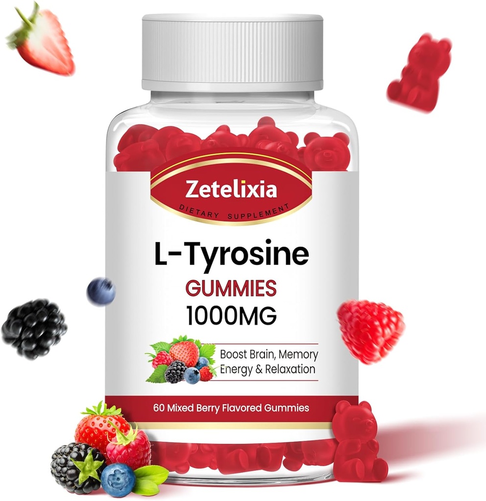 L Tyrosine Gummies 1000mg,L-teanina Supplemento Gummy 200mg, Sugar Free L-Tyrosina con vitamina B6 Integratori di energia per adulti e bambini - Vegan(60 Conte)