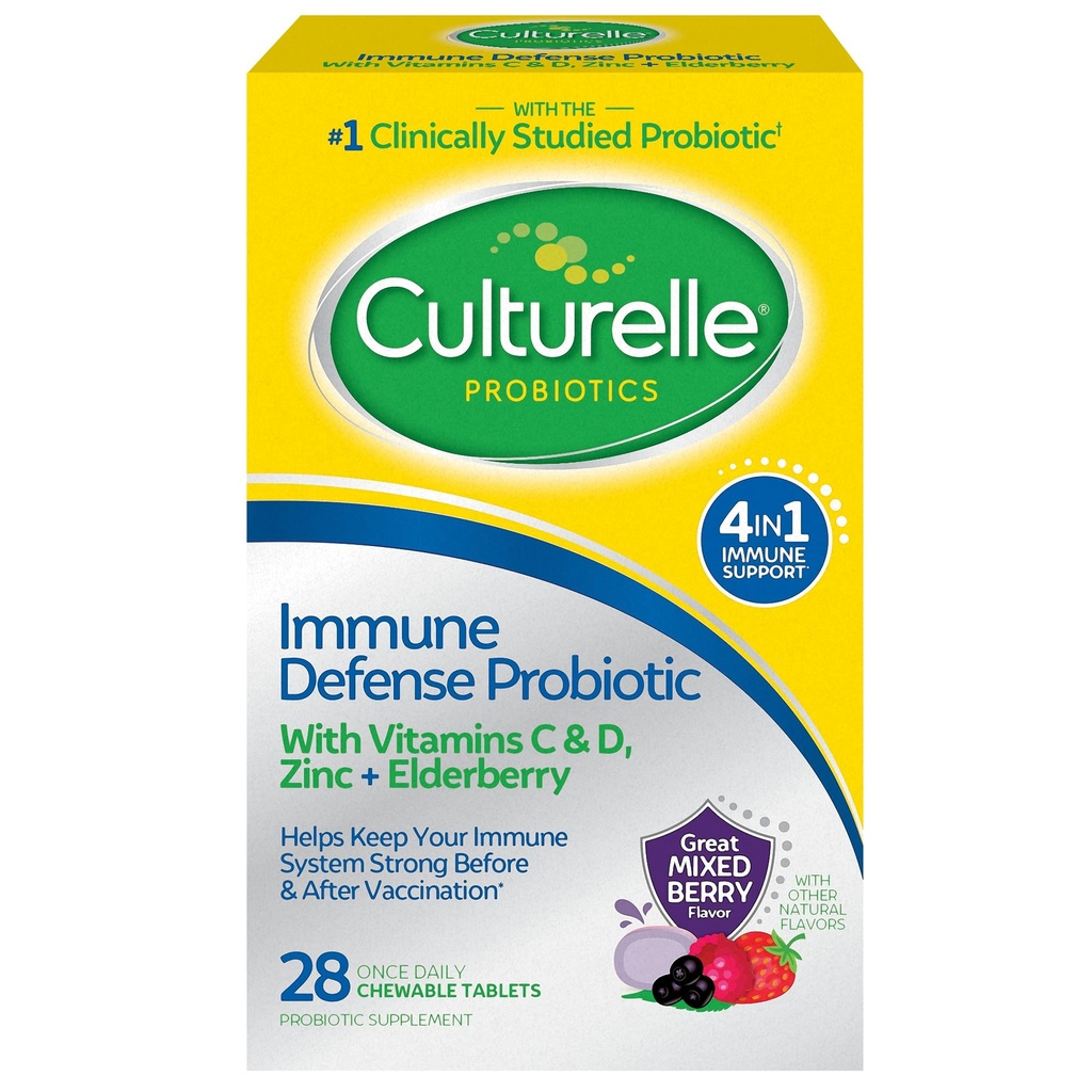 Culturelle Immune Defense Daily Probiotic for Women & Men - 28 Count, Misto Berry Chewables con 4-in-1 Supporto Immune. Vitamina C probiotica, vitamina D e Zinc Plus Elderberry