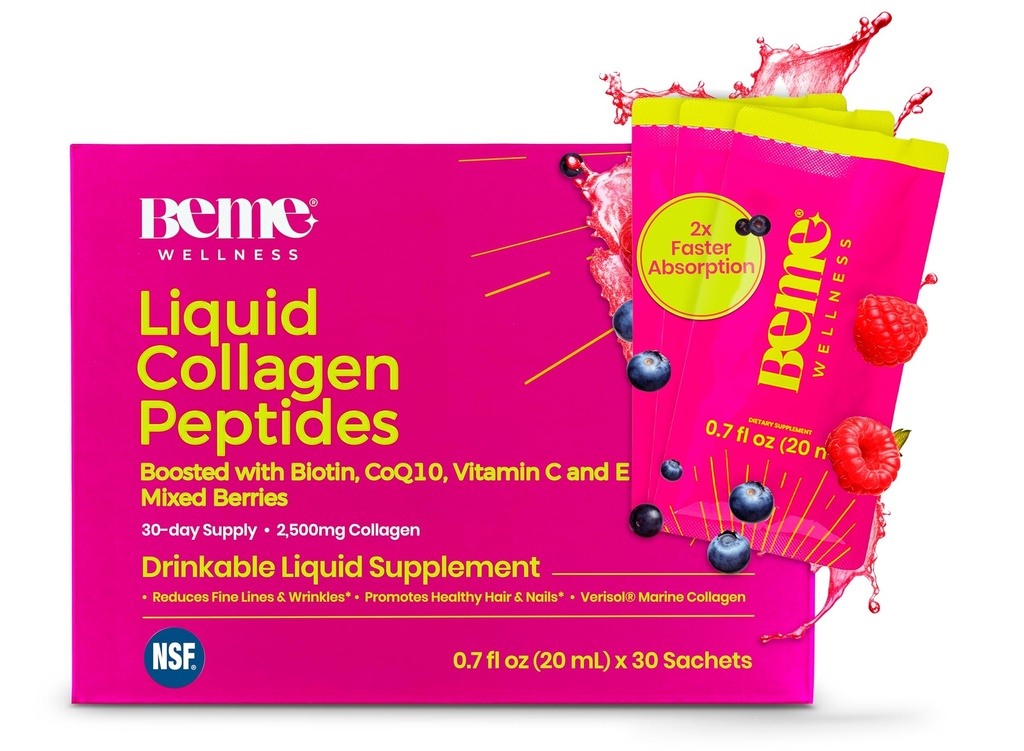 BeMe Liquid Collagen per le donne - 2500mg Verisol idrolizzato Liquido Collage Marine - Integratori di collagene clinicamente testati - Assorbimento rapido, elevata biodisponibilità - Supporta pelle, capelli e unghie