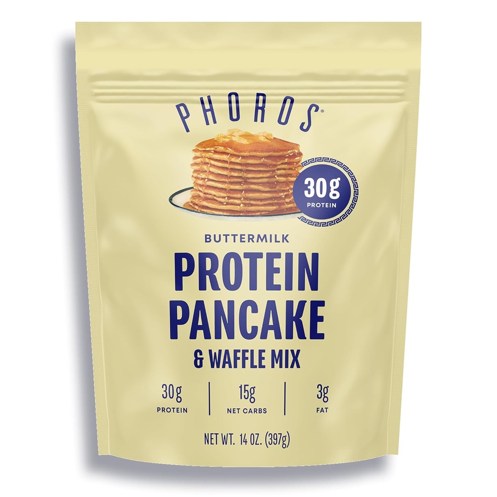 Proteine Pancake Mix & Protein Waffle Mix di Phoros Nutrition, 30g di Proteine, Carburo Basso, Alta Proteina, Keto-Friendly, Proteine del Siero di Siero di Siero, Polveri integrali, Pancakes di grano intero, Basta Aggiungere Acqua (Buttermilk)