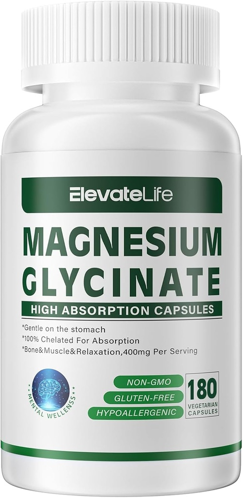 Magnesio Glycinate 400 MG per Serve 100% Chelato per Alta Assorbimento, Gentle On Stomach, Non OGM, 180 Capsule Vegetariani