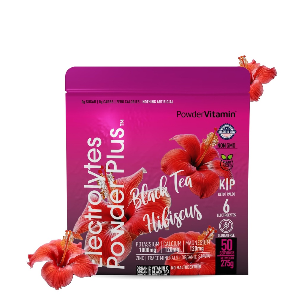 PolvereVitamin Electrolytes Powder Plus (50 Servings) Black Tea Hibiscus Electrolyte Powder Keto, Sugar Free, Pink Himalayan Salt, 1000mg Potassium, 120mg Calcium, 120mg Magnesium, Polvere di idratazione