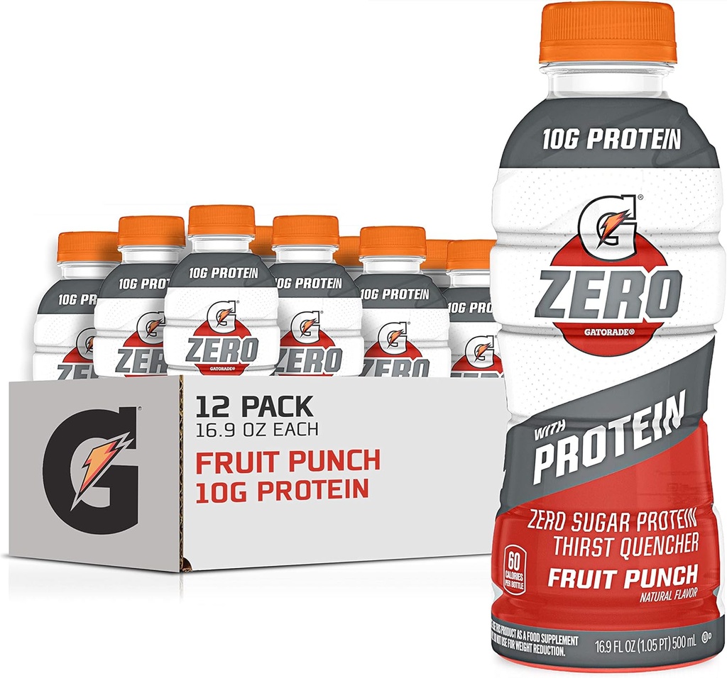 Gatorade Zero With Protein, 10g Isolato di proteine del siero, Zucchero Zero, Elettroliti, Punch di frutta, 16.9 Fl Oz, 12 Pack