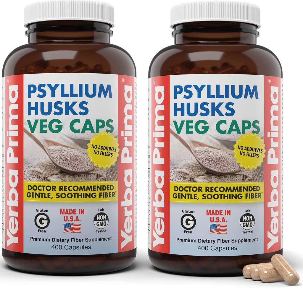 Yerba Prima Psyllium Husks Veg Caps, 400 Capsule (625mg) (Pack of 2) - Vegan, Non-GMO, Gluten Free, Colon Cleanser, Daily Fiber Supplement for Gut Health & Regularity