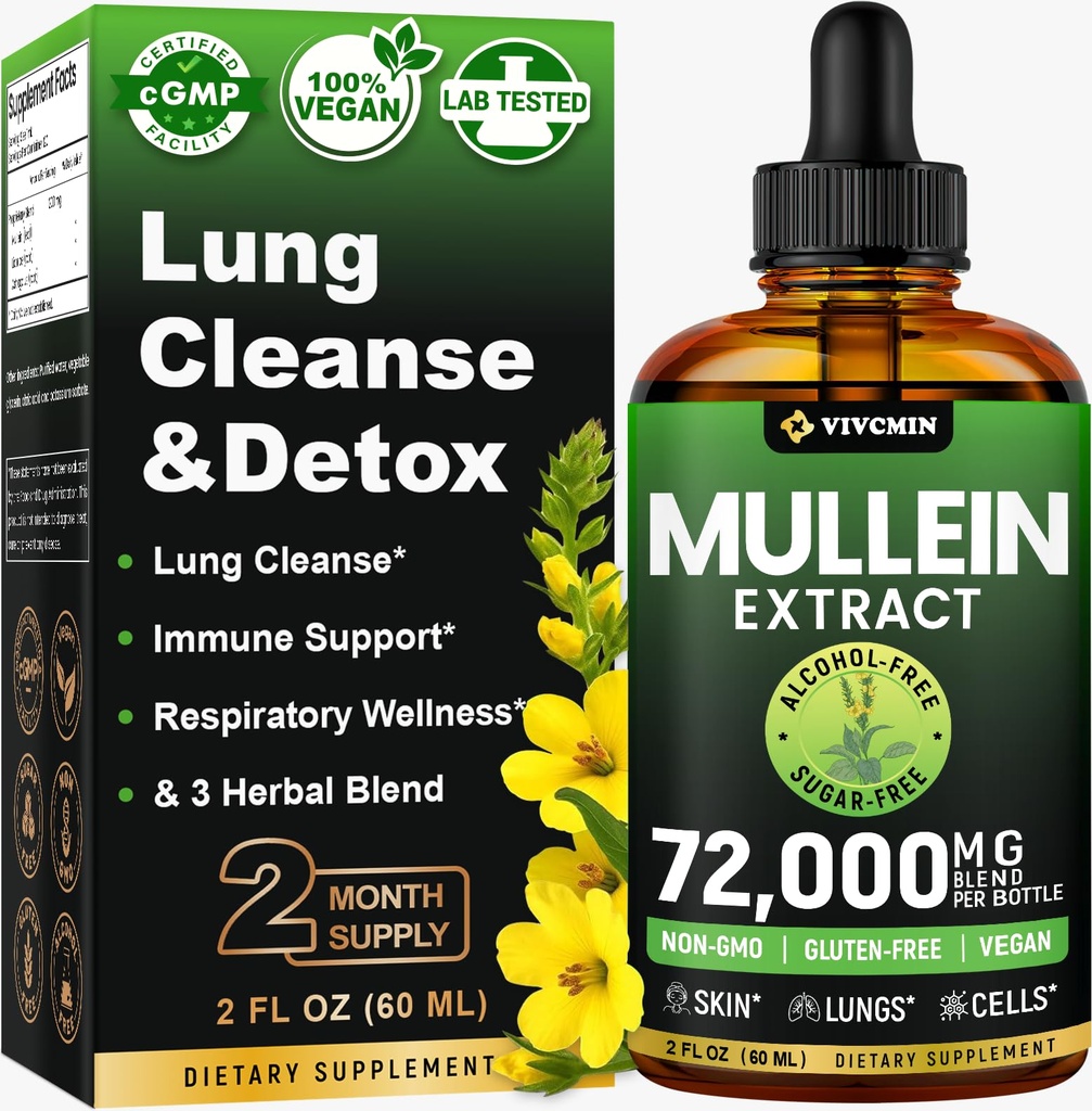 Gocce di Mullein per polmoni, 3-in-1 Estratto di foglie di Mullein per la salute dei polmoni, supplemento di supporto per la salute del polmone respiratorio di erbe, supporto Immune & Digestive Wellness, zucchero & Alcohol-Free - 2 FL OZ