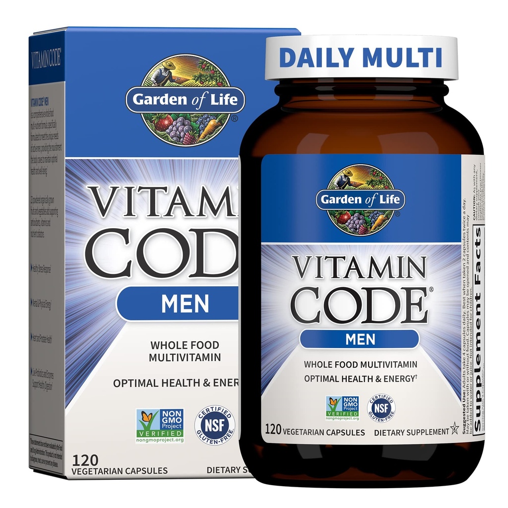Giardino della vita Vitamina Codice intero Cibo Multivitamina per gli uomini - 120 Capsule, Vitamine per gli uomini, Frutta & Veggie Blend e Probiotici per l'energia, Cuore, Salute della prostata, Mens vegetariano Multivitaminici