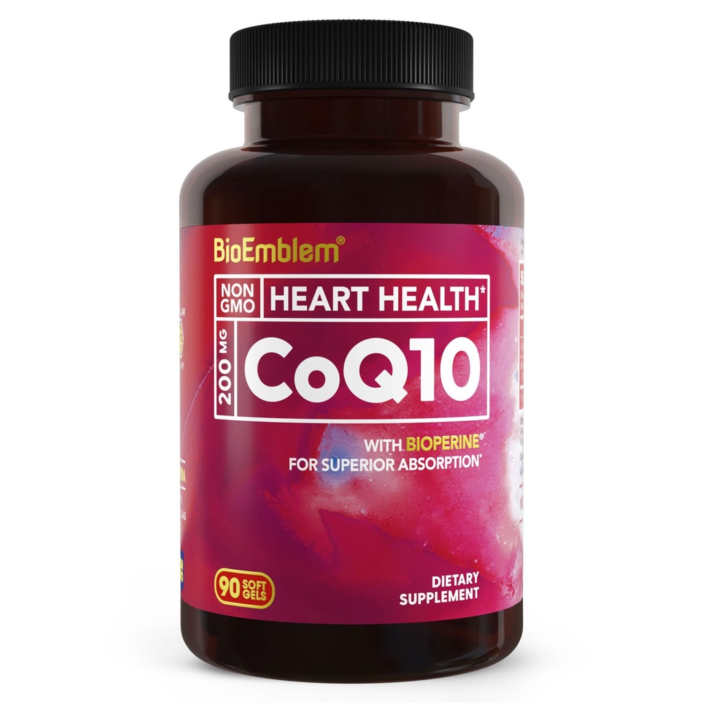 BioEmblem CoQ10 con BioPerine - 200mg Softgels, Alto assorbimento - Coenzyme Q10 Antiossidante per la produzione di energia, Salute del cuore - Forma naturale, Non-GMO CoQ10 Supplemento - 90 Conte