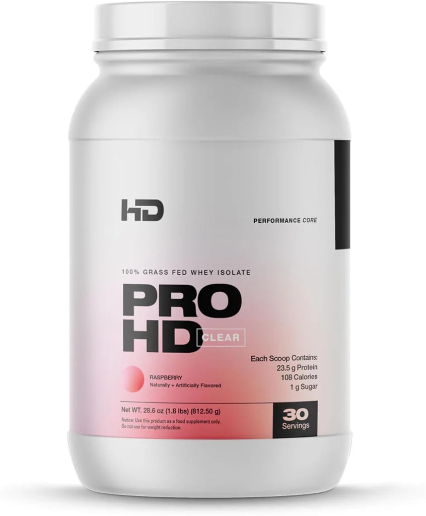 HD MUSCLE ProHD Polvere di proteine del siero di latte | 100% dell'erba Fed Whey Isolate | 23.5g Protein | Basso zucchero, senza glutine, facile da digerire | 30 Servings (Raspberry)