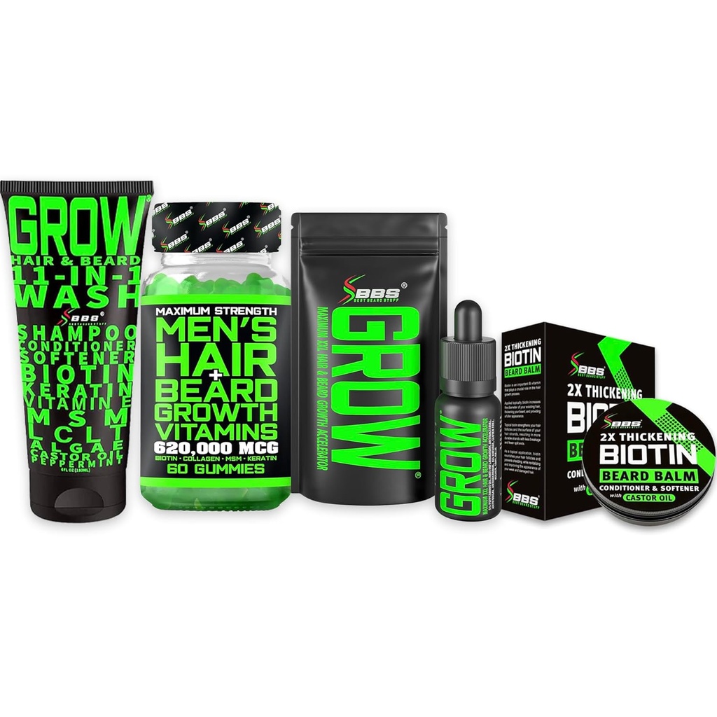 Kit di crescita dei capelli w/Biotin Vitamine di crescita dei capelli + GROW 11-in-1 Shampoo di crescita dei capelli w/Biotin + 2X cera di Mustache di spessore per gli uomini + olio di crescita del cuscinetto GROW per gli uomini - formulato in America