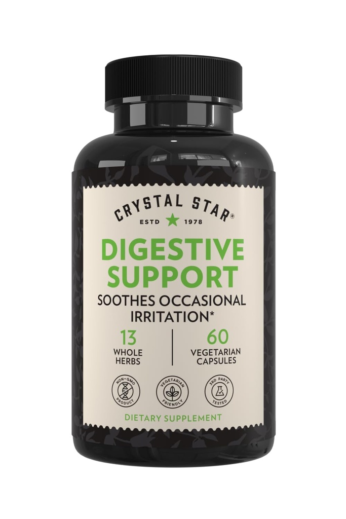 Crystal Star Digestive Support Supplemento (60 capsule) - Herbal Gut Health Supplemento che aiuta con occasionale Gas & Bloating - Menta piperita, Aloe Vera, Slippery Elm & Ginger – Non-OGM