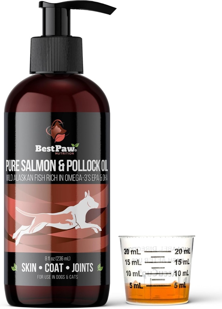 Pure Wild Alaskan Salmon & Pollock olio per cani e gatti pelle e cappotto - Fish Oil Liquid con pompa - Supporta la funzione congiunta & Heart Health - Omega 3 Liquid Food Supplement - Tutto Natural EPA + DHA - 8oz