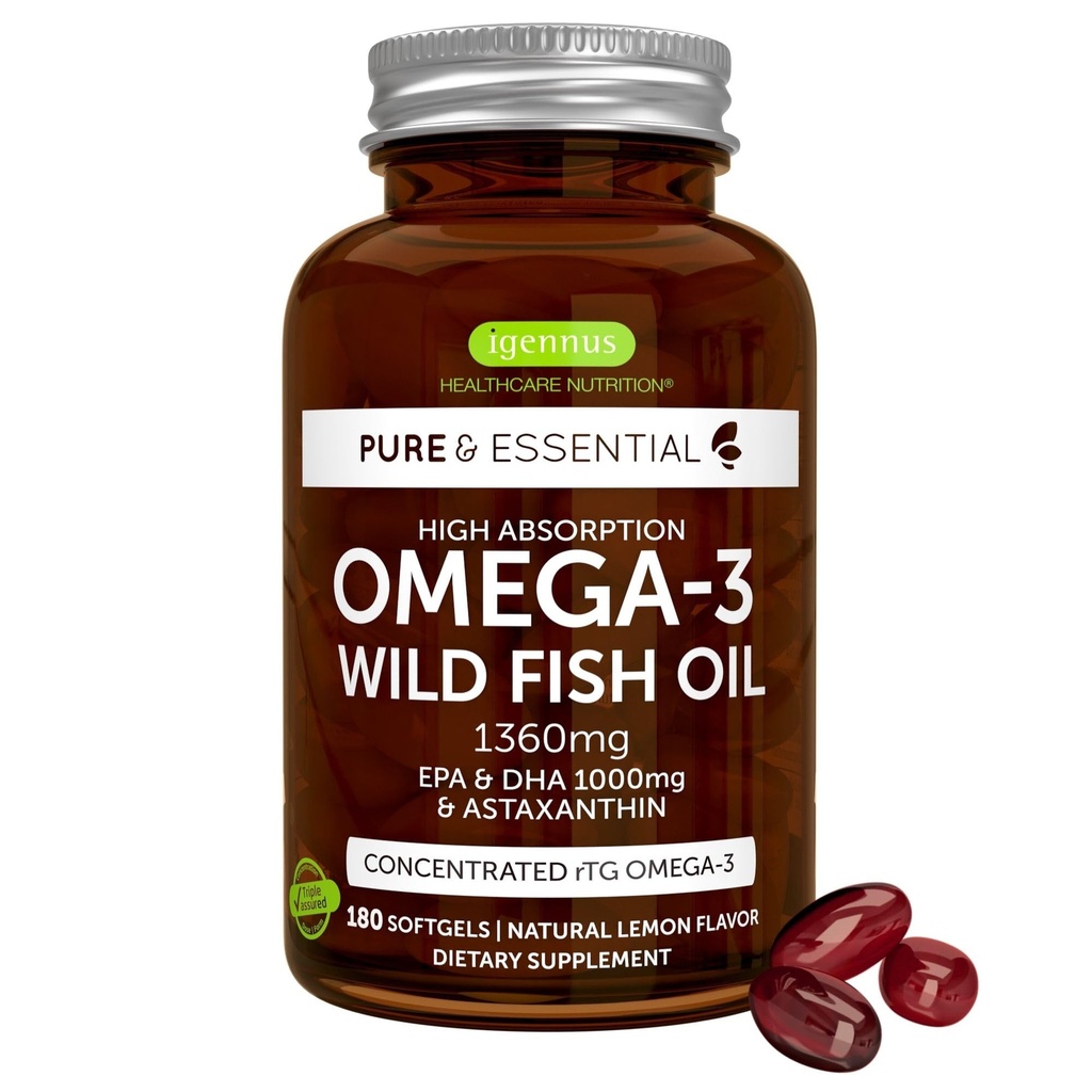 Igennus Ultra Pure Omega 3 Triglyceride rTG Wild Fish Oil 1360mg, Certificato IFOS, EPA DHA 1000mg Plus Astaxanthin, Non OGM, per Uomini e donne, 180 Softgels