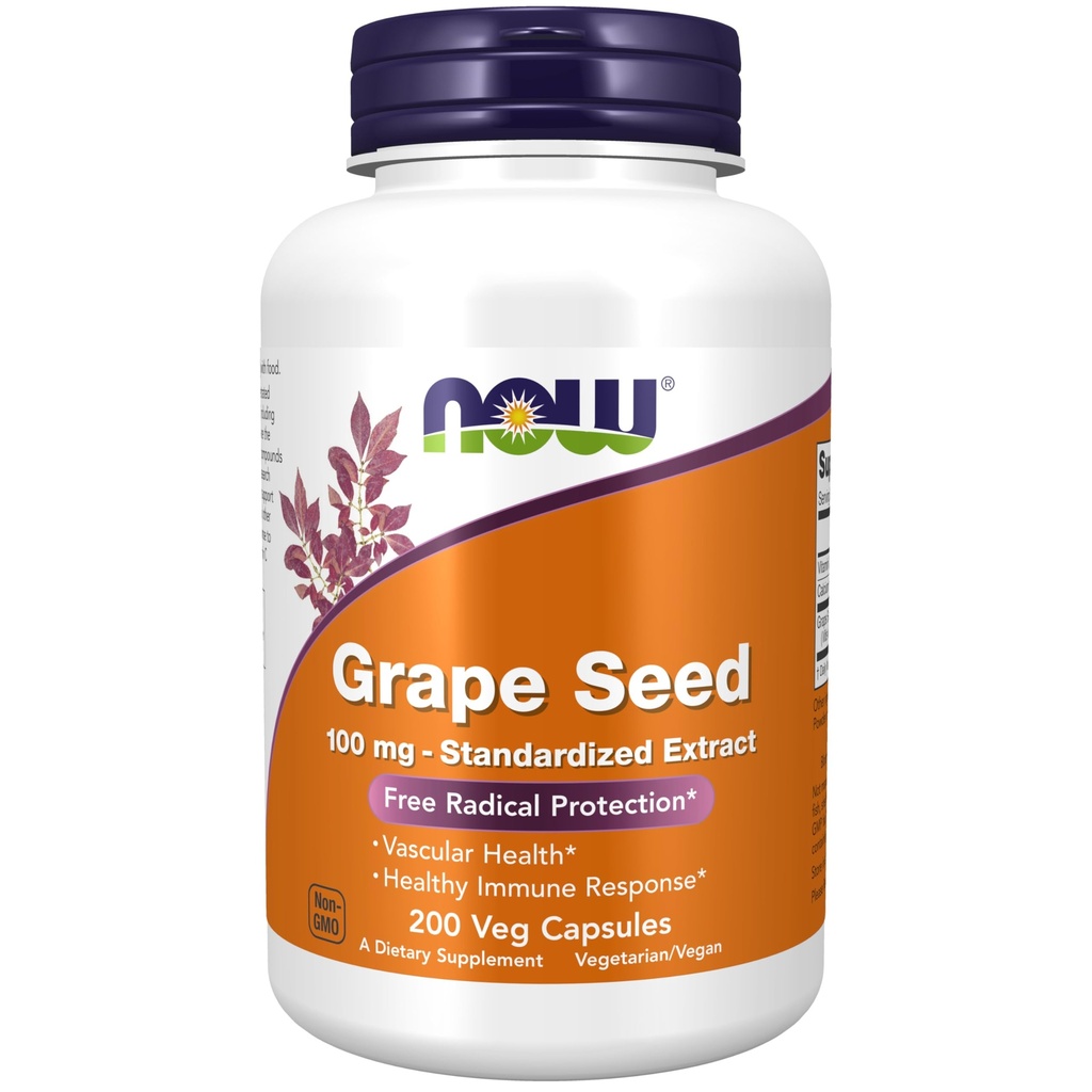 NOW Integratori alimentari, Uva Seed 100 mg - Estratto standardizzato, Estratto altamente concentrato con un minimo di 90% polifenoli, con vitamina C, 200 capsule di Veg