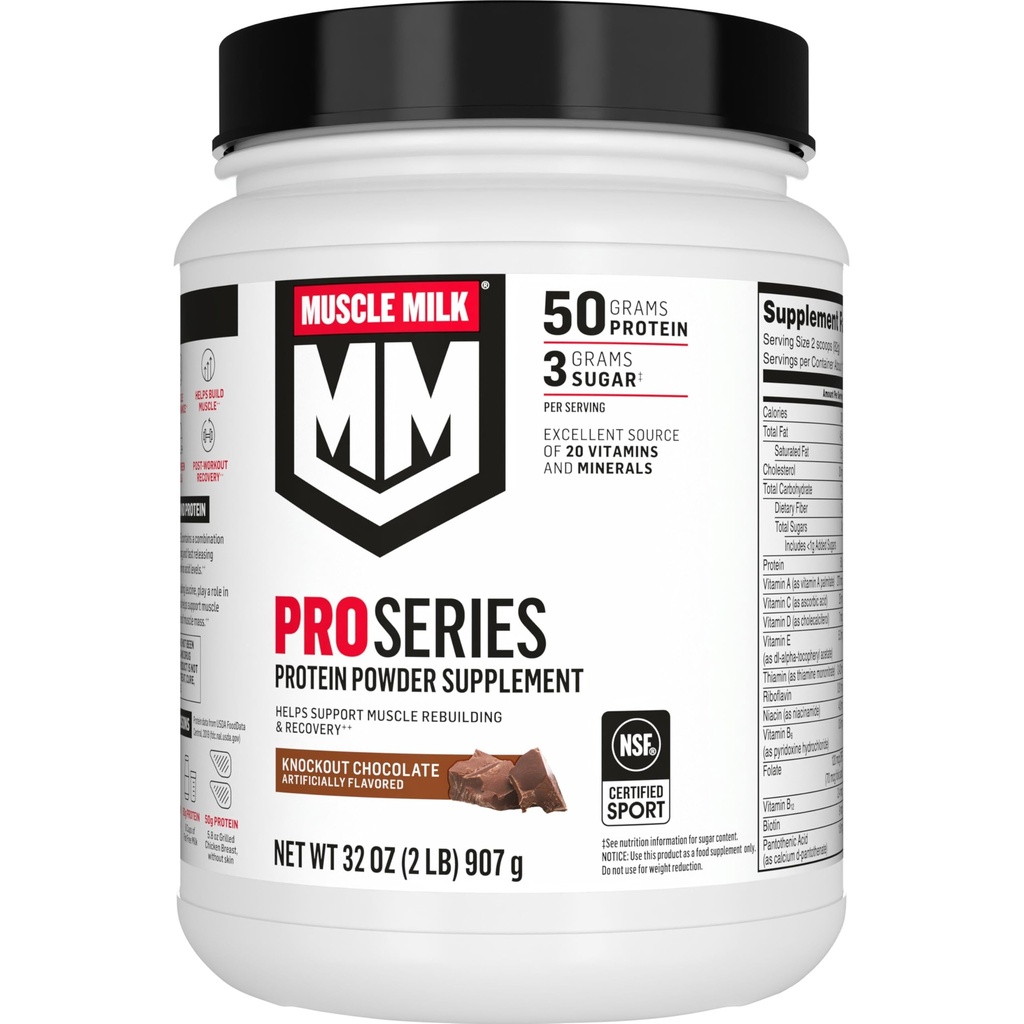 Muscle Milk Pro Series Protein Powder Supplement,Knockout Chocolate,2 Pound,11 Serve,50g Protein,3g Sugar,20 Vitamine & Minerali,NSF Certificato per lo sport,Workout Recovery,Packaging May Vary