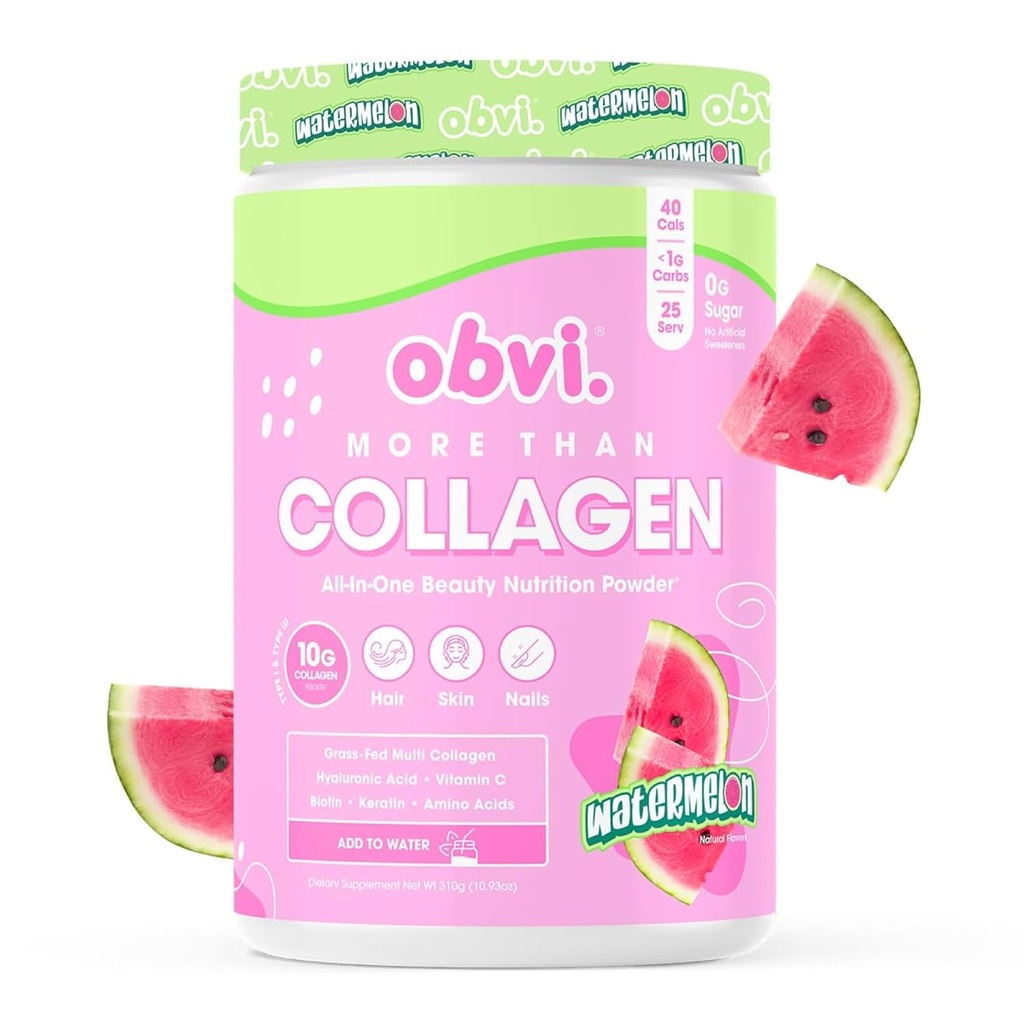 Obvi Più di Collagen Powder | Supporta capelli sani, pelle, unghie, articolazioni, Gut | Grass-Fed Multi Collagen Supplemento con acido ialuronico, biotina, Keratin | Watermelon, 25 Serve