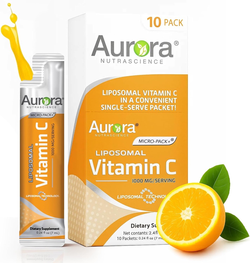 Aurora Nutrascience Micro-Pack Liposomal Vitamin C, Supporto Immune, 1.000 mg Per Serving, Vegan, Gluten Free, Non-GMO, 10 Single Serve Packets, Arancione